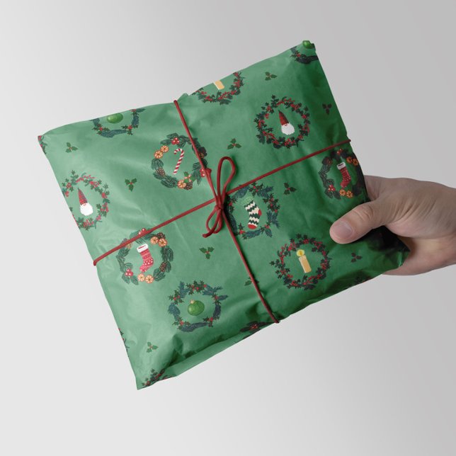 Feuille De Papier Cadeau Couronnes et rayures de Noël (Gift wrapping paper with hand drawn and digitally painted Christmas wreaths. Classic and cozy touch)