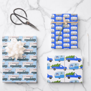 Feuille De Papier Cadeau Coute Xmas Trailers RV Trucs Colorant Holiday Blue