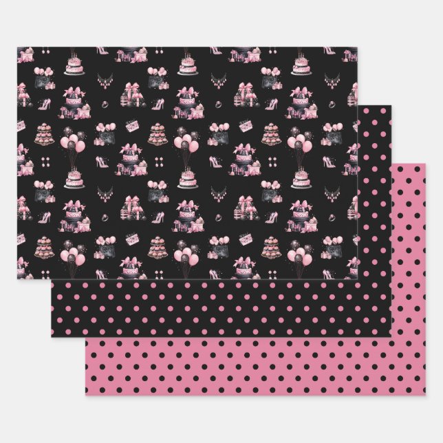 Feuille De Papier Cadeau Couture rose et noir Mode Motif d'anniversaire (Lot)