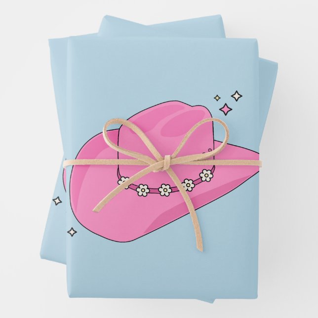 Feuille De Papier Cadeau Cowboy Casquette Preppy Rose Et Bleu (En situation)