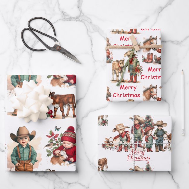 Feuille De Papier Cadeau Cowboy et Cowgirl Kids Country Christmas (Recto)