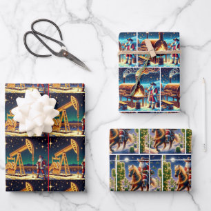 Feuille De Papier Cadeau Cowboy Père Noël avec pompe à huile BBQ et Cheval 
