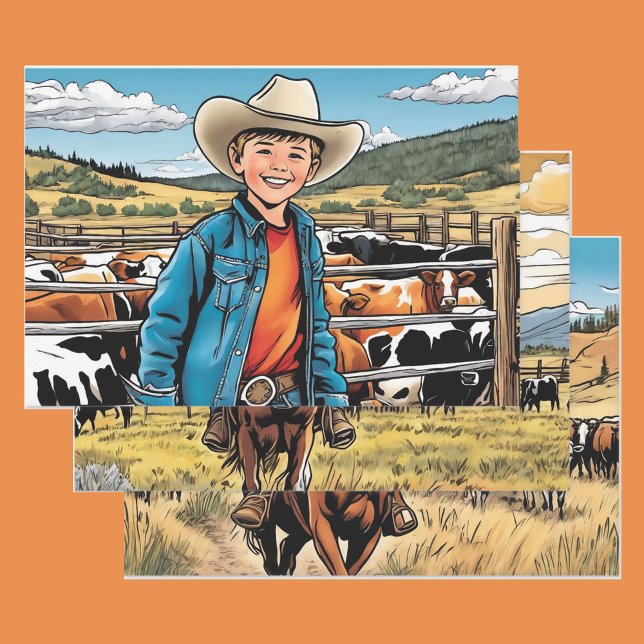 Feuille De Papier Cadeau Cowboy Young Boy's Birthday Thème 3 Différent (Créateur téléchargé)