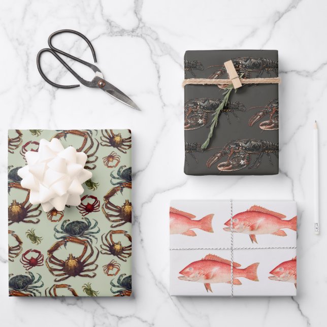 Feuille De Papier Cadeau Crabes Homard Snapper Poisson Vie marine (Recto)