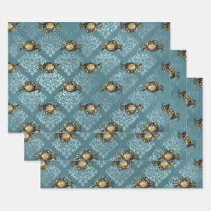 Feuille De Papier Cadeau Crabes jaunes et Damas bleus