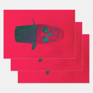 Feuille De Papier Cadeau Crâne avec chapeau rouge vert Halloween Noël