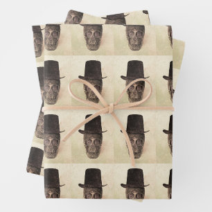 Feuille De Papier Cadeau Crâne avec chapeau supérieur Gothique Vintage Text