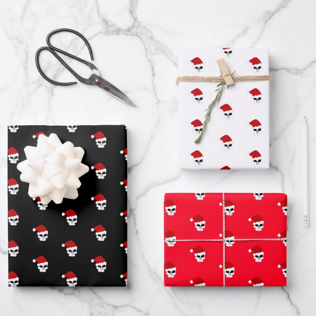 Feuille De Papier Cadeau Crâne de Noël santa chapeau élégant moderne (Recto)