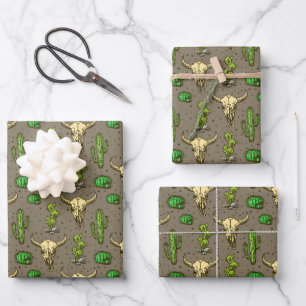 Feuille De Papier Cadeau Crâne de taureau western dessiné à la main motif d