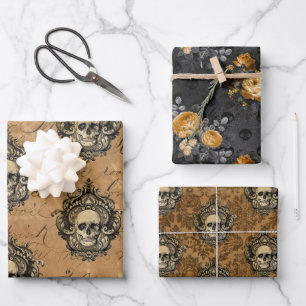Feuille De Papier Cadeau Crâne et Damas gothiques victoriens