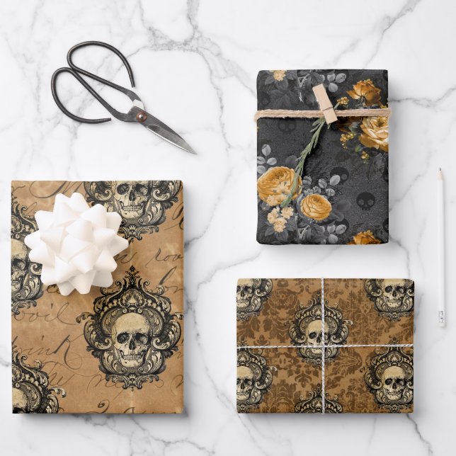 Feuille De Papier Cadeau Crâne et Damas gothiques victoriens (Recto)