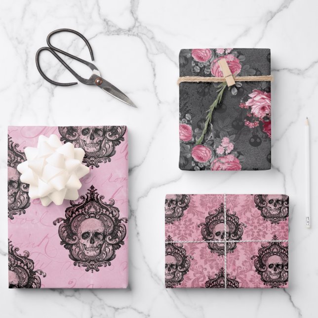 Feuille De Papier Cadeau Crâne et Damas rose victorien gothique (Recto)