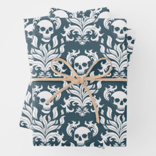 Feuille De Papier Cadeau Crâne flamme Damas en blanc croustillant sur bleu