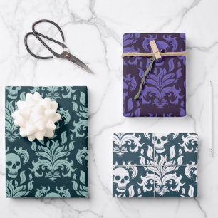 Feuille De Papier Cadeau Crâne flamme Damask bleu et violet collection