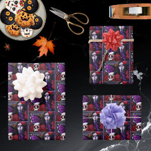 Feuille De Papier Cadeau Crâne sucre Roses rouges pourpre