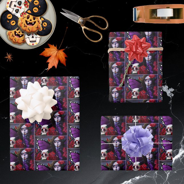 Feuille De Papier Cadeau Crâne sucre Roses rouges pourpre (Créateur téléchargé)