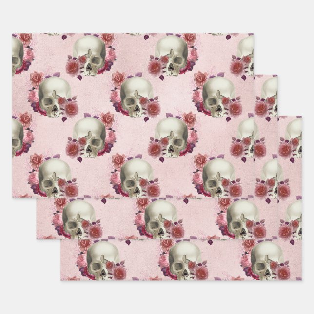 Feuille De Papier Cadeau Crânes blanches et fleurs roses (Lot)