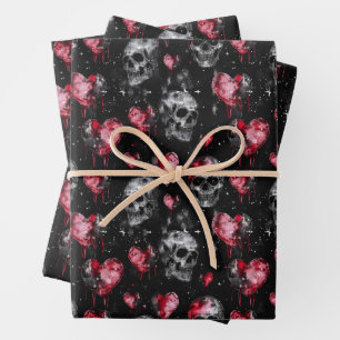 Feuille De Papier Cadeau Crânes d'amour gothique et Coeurs rouges