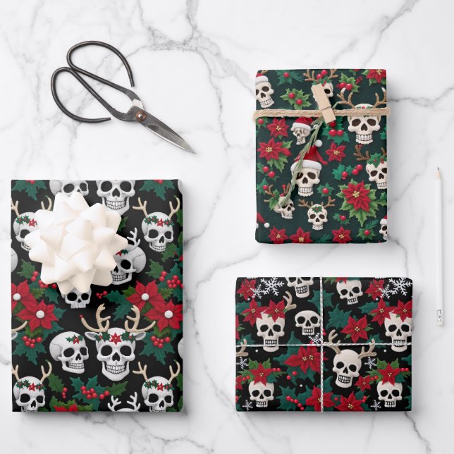 Feuille De Papier Cadeau Crânes de Noël Crochet avec Poinsettias (Recto)