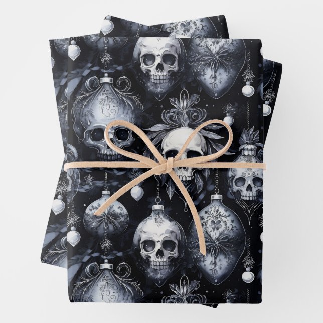 Feuille De Papier Cadeau Crânes de Noël gothiques Éffrayants (En situation)