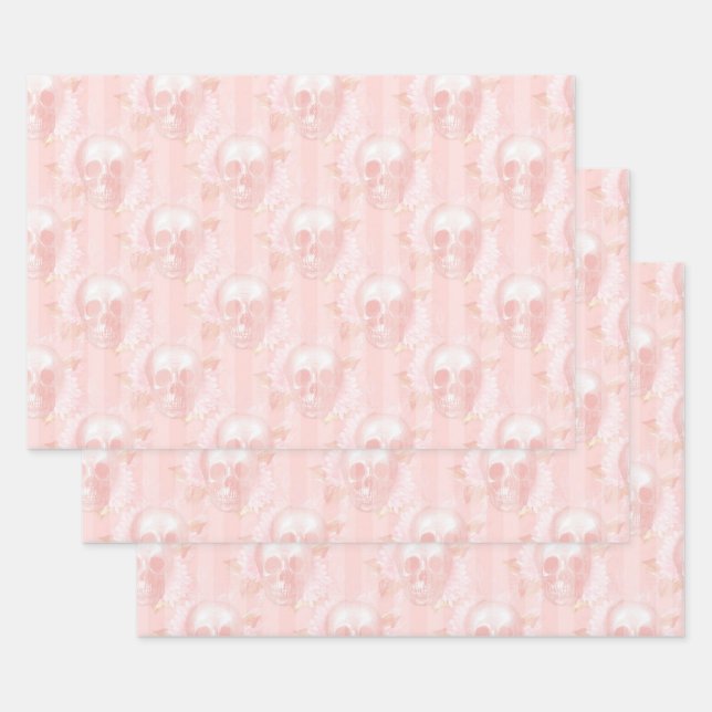 Feuille De Papier Cadeau Crânes florales sur rose pâle (Lot)