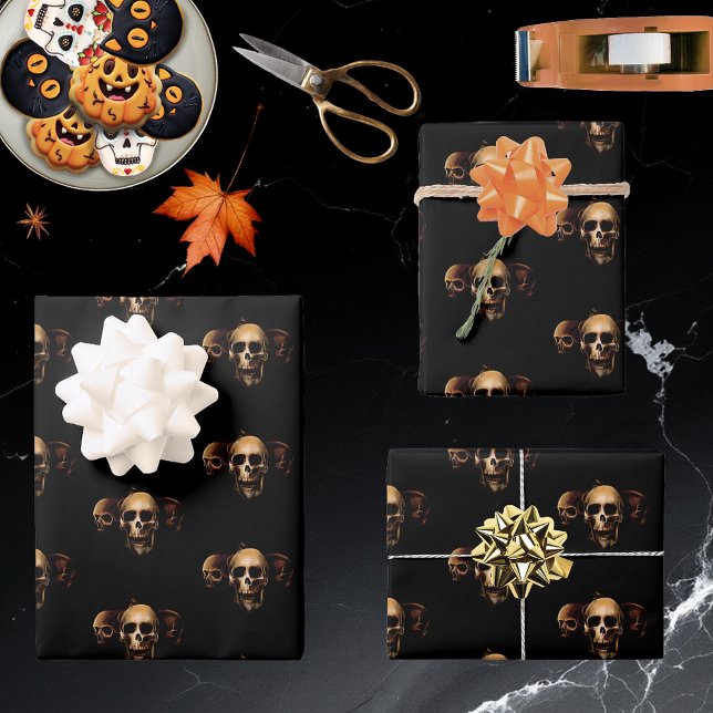 Feuille De Papier Cadeau Crânes humains noirs (Créateur téléchargé)