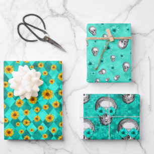 Feuille De Papier Cadeau Crânes Turquoise et Série Tournesol Design 2  