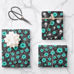 Feuille De Papier Cadeau Crânes Turquoise et Série Tournesol Design 5  