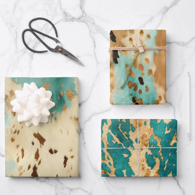 Feuille De Papier Cadeau Cream Gold Turquoise Cowhide Animal (Recto)