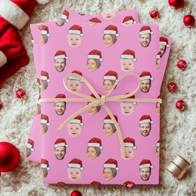 Feuille De Papier Cadeau Create Your Own Santa Hat Face 3 Photo Pink (Créateur téléchargé)
