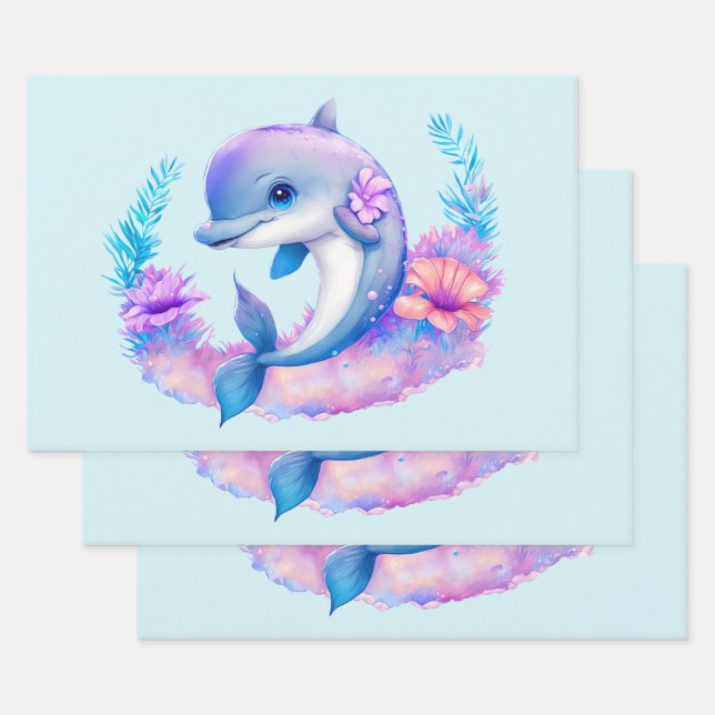 Feuille De Papier Cadeau Créature Mer Dauphin Cute (Lot)