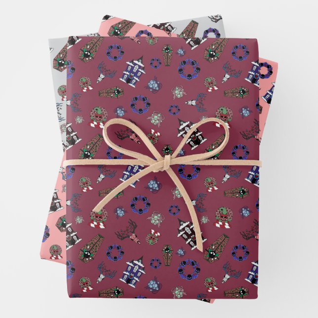 Feuille De Papier Cadeau Creepmas avec maison hantée, Crânes, Wreath, Café (En situation)