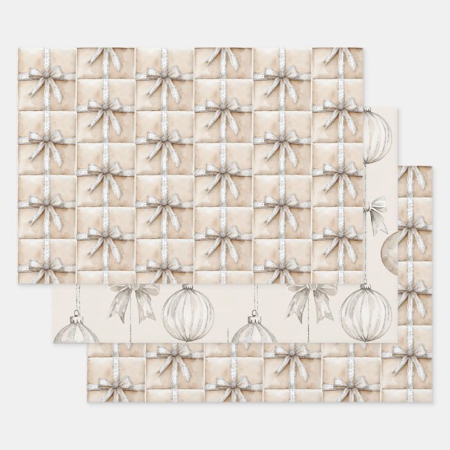 Feuille De Papier Cadeau Crème blanc Argent brillant Bow (Lot)