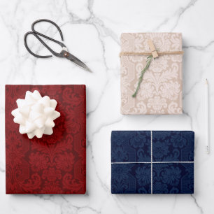 Feuille De Papier Cadeau Crème élégante, damas victorien rouge et bleu o