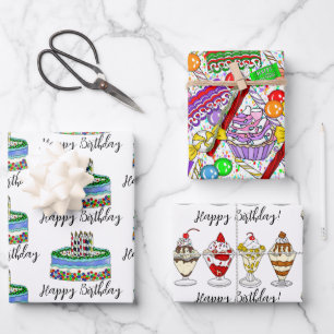 Feuille De Papier Cadeau Crème glacée, gâteau et bonbons Anniversaire