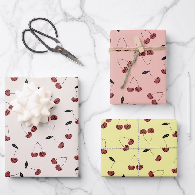 Feuille De Papier Cadeau Crème Motif Polka Dot Cerise Blanc Jaune Rose (Recto)