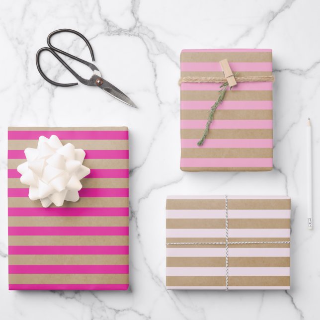 Feuille De Papier Cadeau Crème rétro moderne Hot Pink Stripes Kraft (Recto)