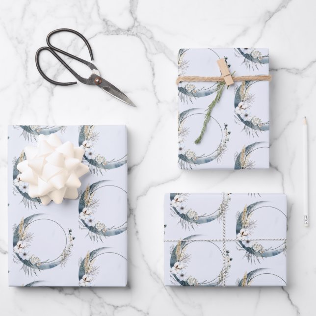 Feuille De Papier Cadeau Crescent Bleu Lune avec Motif Fleurs Blanches (Recto)