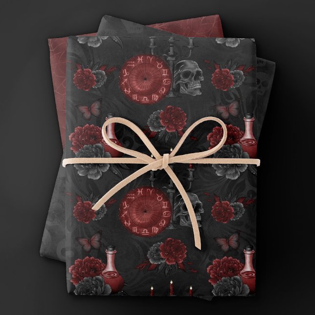 Feuille De Papier Cadeau Crimson magique Zodiac | Rose de crâne gothique ro (Créateur téléchargé)