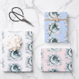 Feuille De Papier Cadeau Croissant de Lune Céleste Bleu et Blanc Bohème Mod