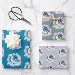Feuille De Papier Cadeau Croissant de Lune Céleste Bleu et Blanc Bohème Mod
