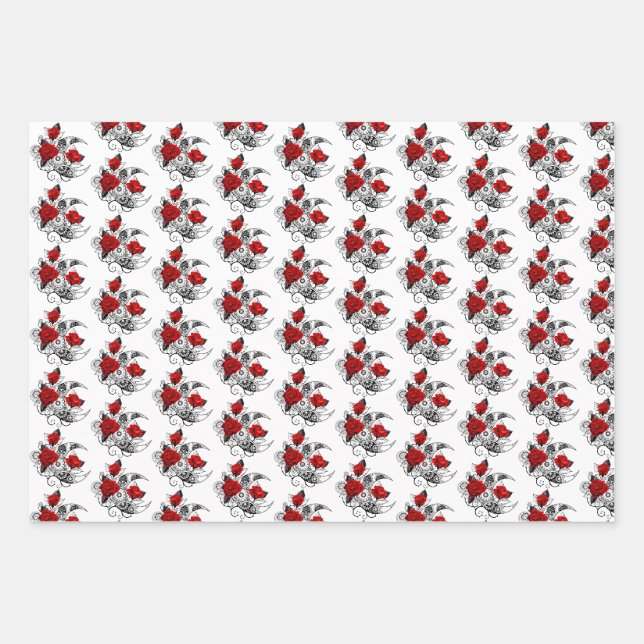 Feuille De Papier Cadeau Croissant mécanique avec roses rouges (Devant)