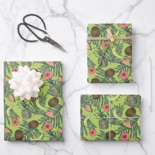 Feuille De Papier Cadeau Croquis de fruits tropicaux sur Motif vert