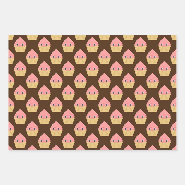 Feuille De Papier Cadeau Cuite Cartoon Fraise Cupcake Brown (Devant 3)