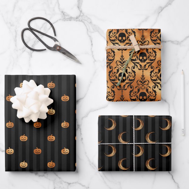 Feuille De Papier Cadeau Cuivre d'Halloween gothique et jeu noir de 3 (Recto)