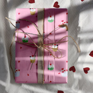 Feuille De Papier Cadeau Cupcakes aux Cerises & Cœurs d'Amour – Dessert de 
