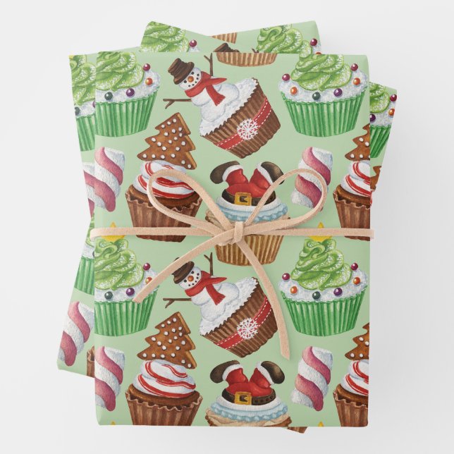 Feuille De Papier Cadeau Cupcakes de Noël Aquarelle (En situation)