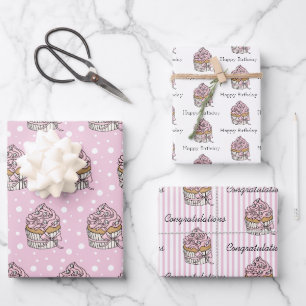 Feuille De Papier Cadeau Cupcakes roses et argentés
