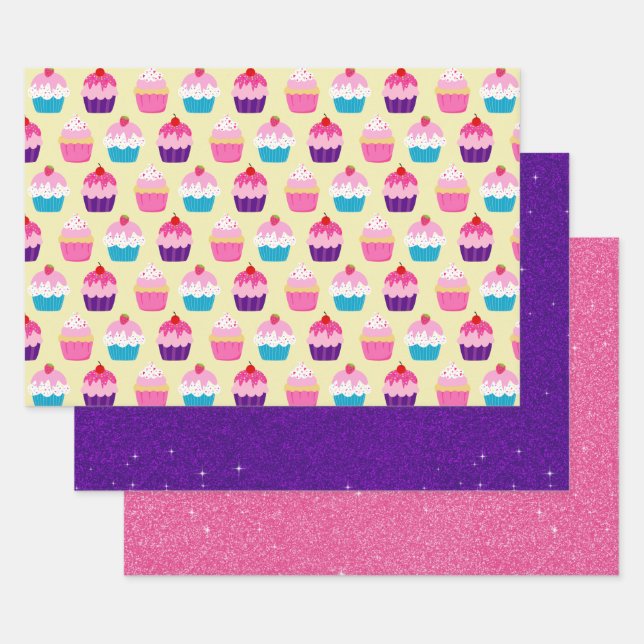 Feuille De Papier Cadeau Cupcakes Violet et Rose Parties scintillant ensemb (Lot)