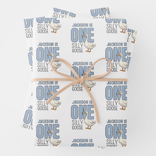 Feuille De Papier Cadeau Custom Modern Blue One Silly Goose First Birthday (En situation)